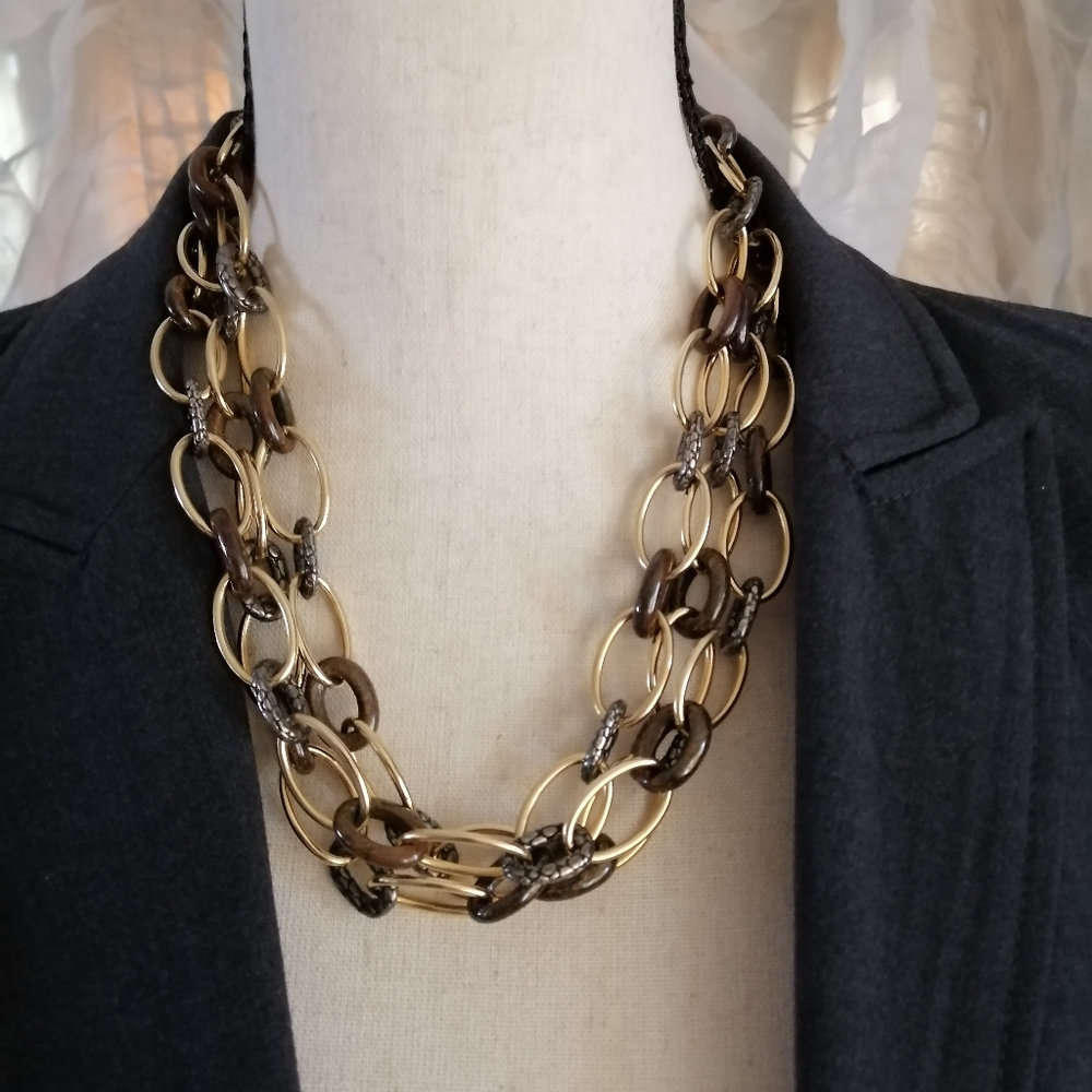 Vintage Carlisle Signed 3 strands Chunky Chain Necklace Gold Brown Texture Link